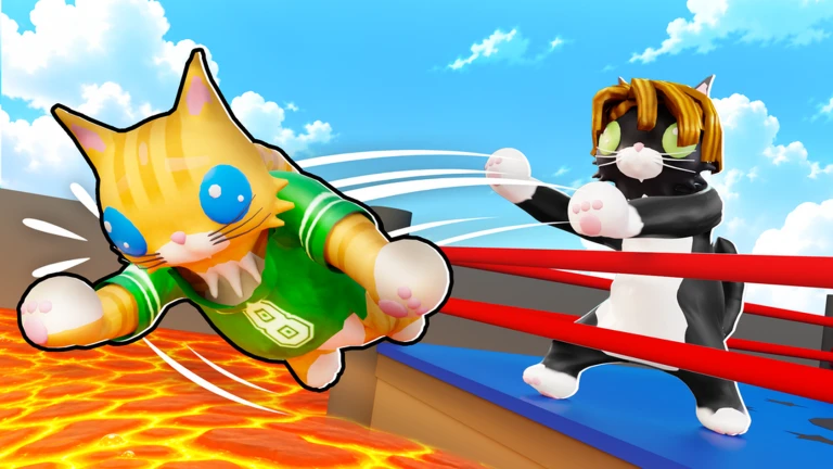 Cat Battles official key art showing a yellow cat knocked over red ring ropes by a black cat