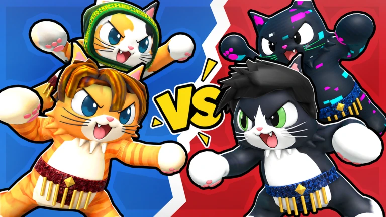 Cat Battles four-cat team battle promotional artwork with a VS layout